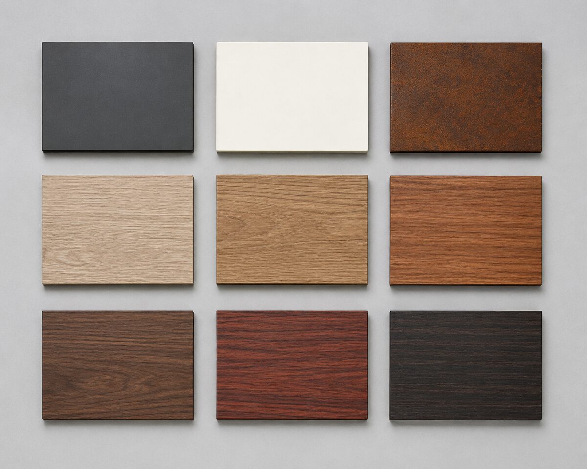 Campionario di finiture per infissi in alluminio: antracite opaco, bianco crema, effetto corten e sei varianti effetto legno, dal rovere chiaro al wengè.